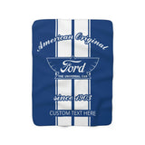 1909 Ford Emblem Logo, Decorative Personalized Sherpa Fleece Blanket Blue with White Racing Stripes