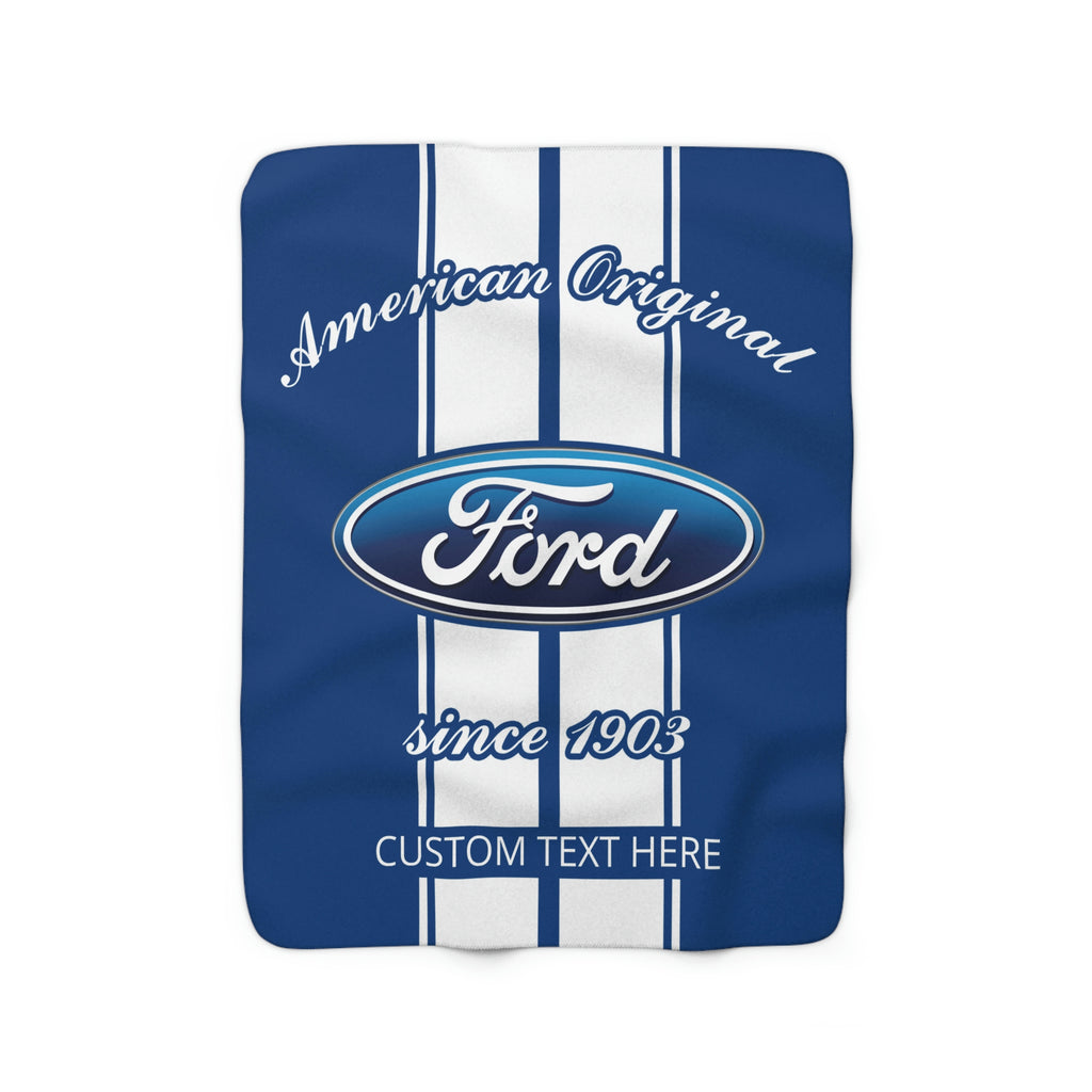 2003 Ford Emblem Oval Logo, Decorative  Personalized Sherpa Fleece Blanket, Blue with White Racing Stripes