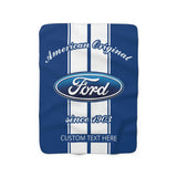 2003 Ford Emblem Oval Logo, Decorative  Personalized Sherpa Fleece Blanket, Blue with White Racing Stripes