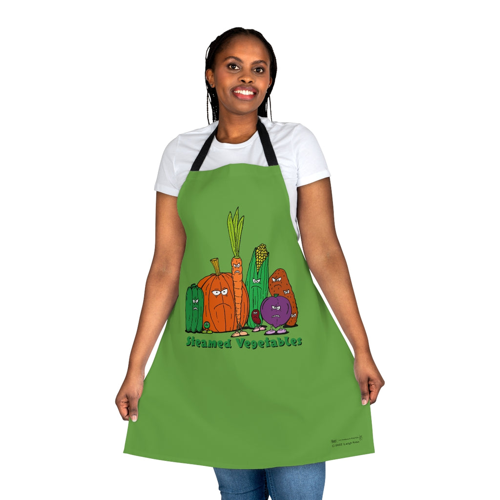 Rubes Steamed Vegetables Apron, featuring the image of vegetables looking angry "steamed"