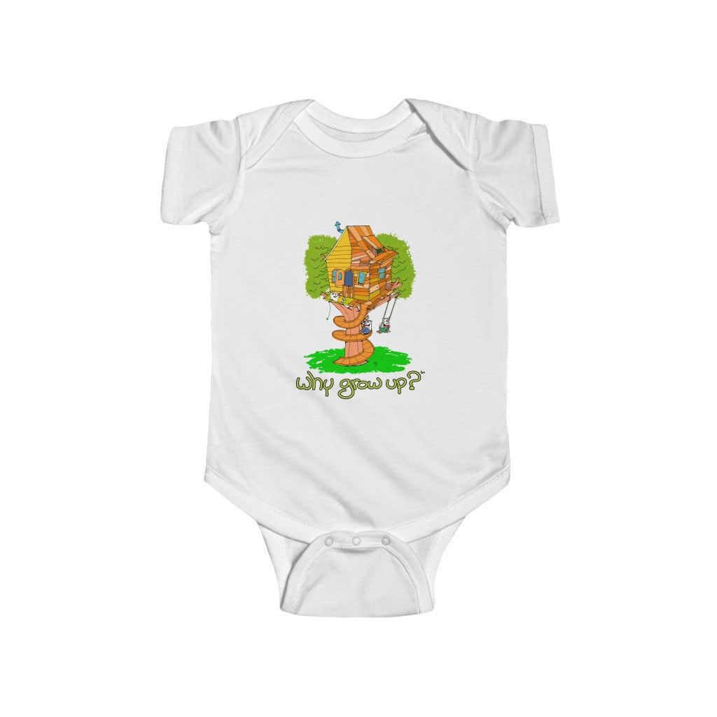 Rubes Cartoons Why Grow Up Treehouse 100% Cotton Infant Baby Bodysuit, Printed in the USA