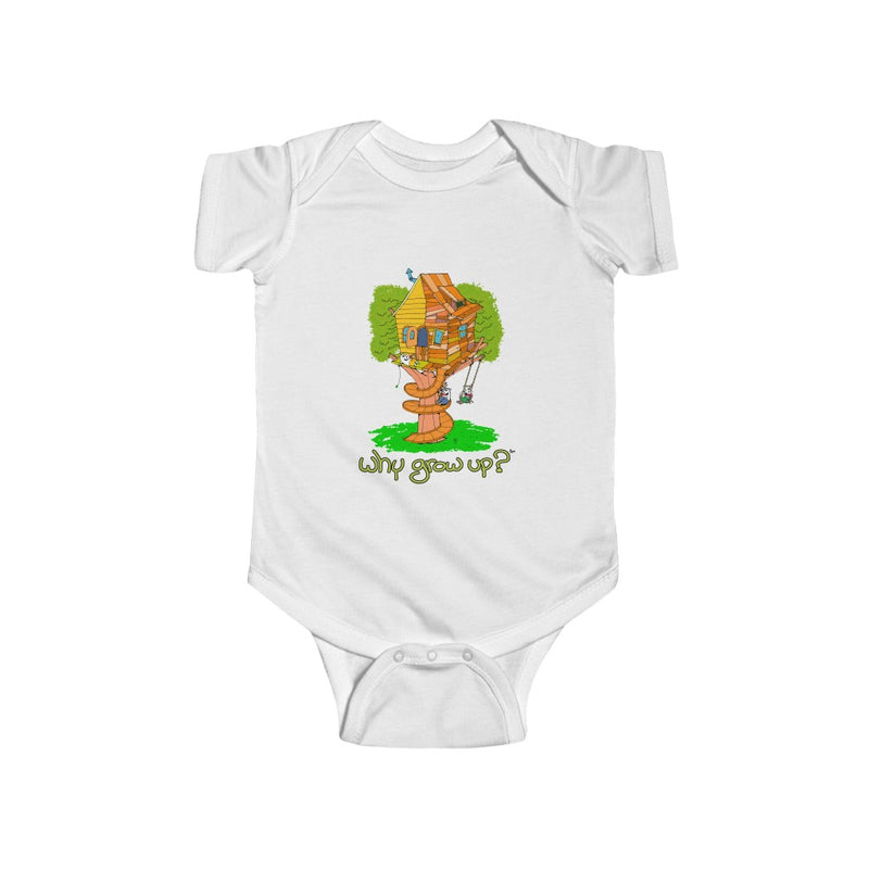 Rubes Cartoons Why Grow Up Treehouse 100% Cotton Infant Baby Bodysuit, Printed in the USA