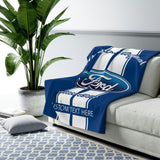 2003 Ford Emblem Oval Logo, Decorative  Personalized Sherpa Fleece Blanket, Blue with White Racing Stripes