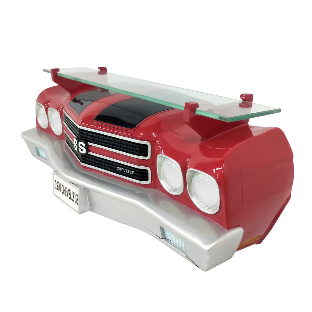 1970 Chevelle SS Front Wall Shelf Red With LED Lights Red With Black Stripes, Battery Operated, Tempered Glass Shelf