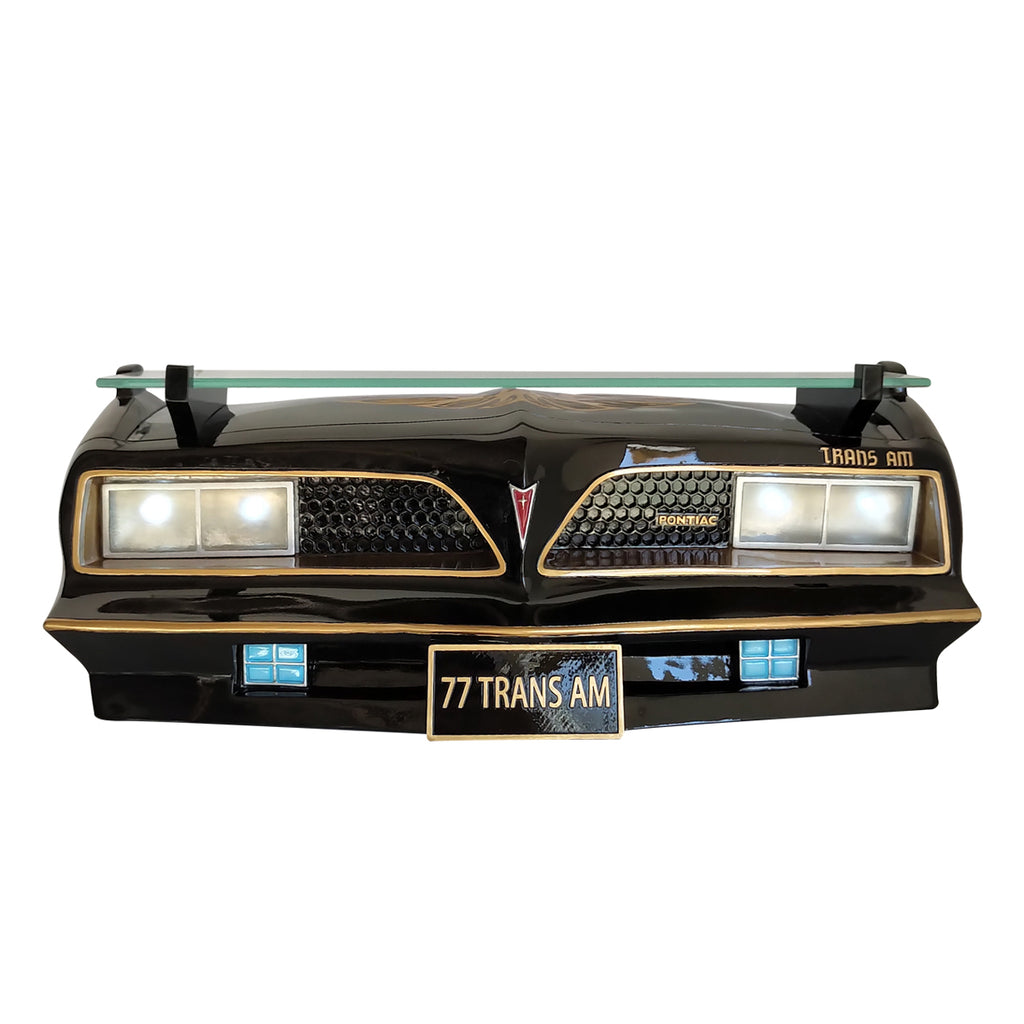 1977 SE Pontiac Trans Am Floating Wall Shelf, Black and Gold, Working LED Headlights ,Tempered Glass Shelf