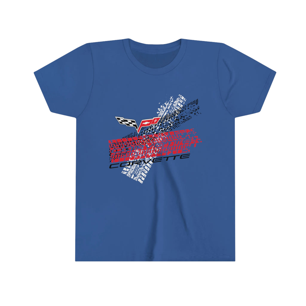C6 Corvette Tire Tracks Youth Short Sleeve 100% Cotton Tee, Perfect for any Occasion or Activity