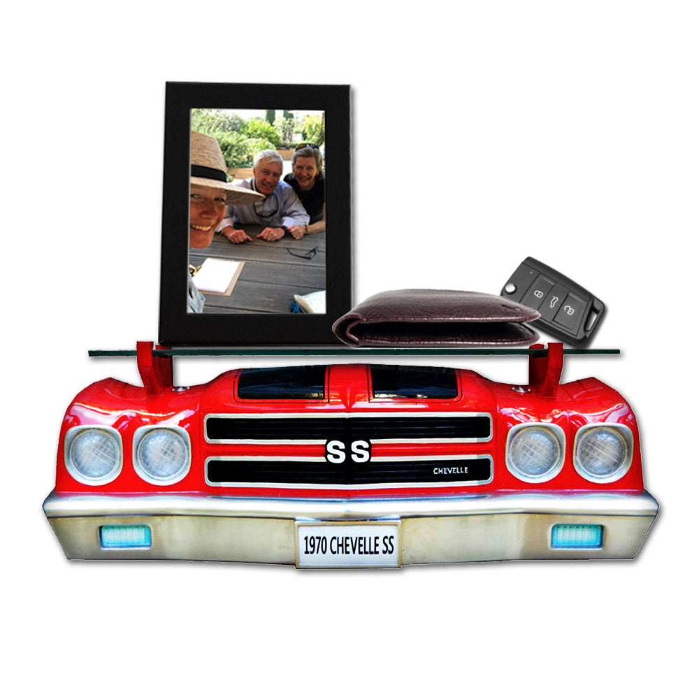 1970 Chevelle SS Front Wall Shelf Red With LED Lights Red With Black Stripes, Battery Operated, Tempered Glass Shelf