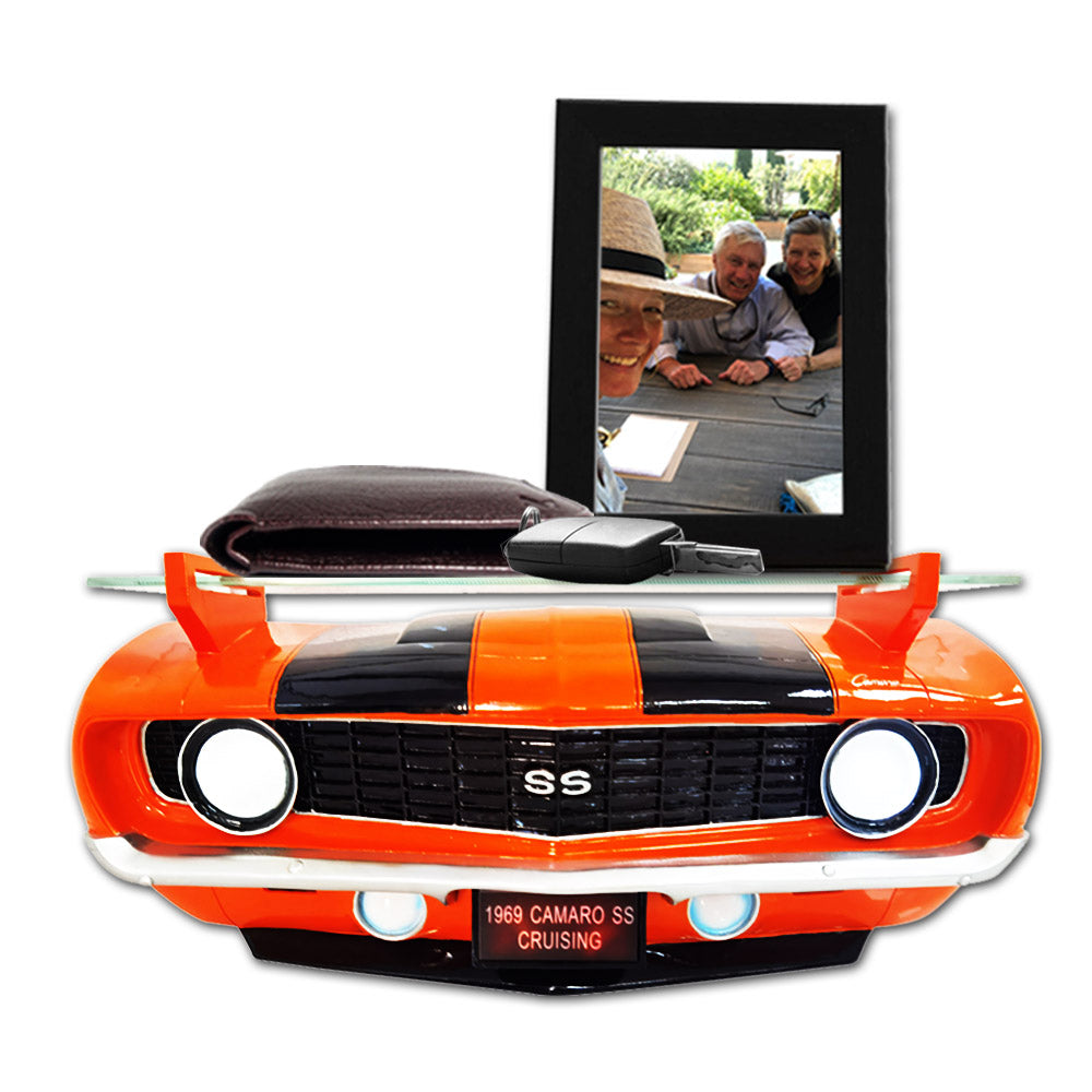 1969 Camaro SS Orange and Black Polyresin Front Wall Shelf with Battery Powered LED Headlights