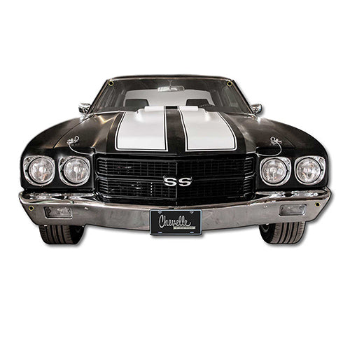 1970 Chevrolet Chevelle Black with White Stripes Front Bumper Sign, 2 sizes,an American Muscle Car USA Made USA 20 Gauge Steel with Powder Coating for Durability and a High Gloss Finish