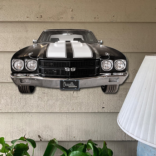 1970 Chevrolet Chevelle Black with White Stripes Front Bumper Sign, 2 sizes,an American Muscle Car USA Made USA 20 Gauge Steel with Powder Coating for Durability and a High Gloss Finish