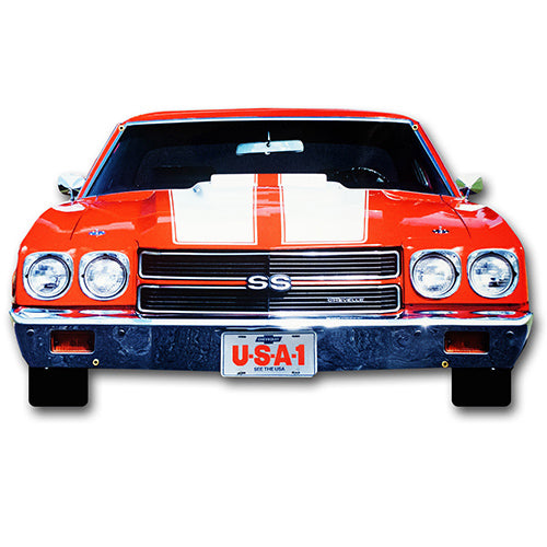 1970 Chevrolet Chevelle Red with White Stripes Front Bumper Sign, 2 sizes, an American Muscle Car USA Made USA 20 Gauge Steel with Powder Coating for Durability and a High Gloss Finish