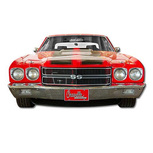 1970 Chevrolet Chevelle Red with Black Stripes Front Bumper Sign, 2 sizes, an American Muscle Car USA Made USA 20 Gauge Steel with Powder Coating for Durability and a High Gloss Finish