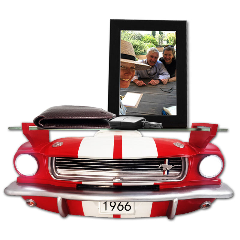 Sunbeltgifts 1966 Carroll Shelby GT350 Floating Shelf, Red with White Stripes, 19.7x5.9x7.9 inches, Tempered Glass, LED Headlights, Car Wall Decor, Shelby Collector Gift Idea, Classic Car Enthusiast