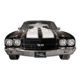 1970 Chevrolet Chevelle Black with White Stripes 22x 12 inch Front Bumper Metal Sign, an American Muscle Car USA Made USA 20 Gauge Steel with Powder Coating for Durability and a High Gloss Finish