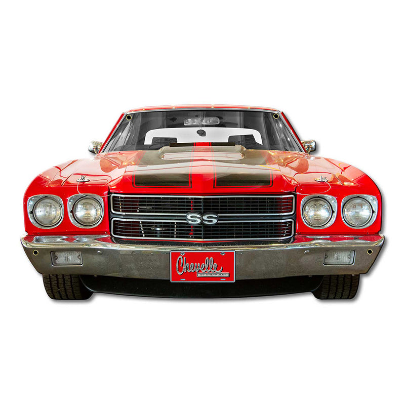 1970 Chevrolet Chevelle, rot mit schwarzen Streifen, Metallschild für die Frontstoßstange, ein amerikanisches Muscle-Car, hergestellt in den USA, 20-Gauge-Stahl mit Pulverbeschichtung für Haltbarkeit und Hochglanz-Finish