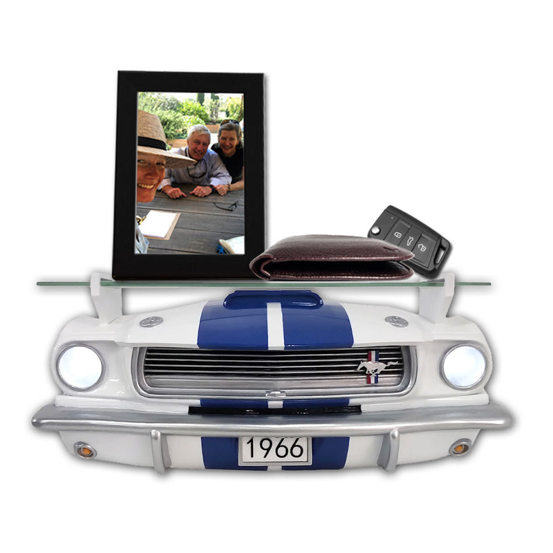 Sunbeltgifts 1966 Carroll Shelby GT350 Floating Shelf, White with Blue Stripes, 19.7x5.9x7.9 inches, Tempered Glass, LED Headlights, Automotive Wall Decor, Shelby Lover Gift, Vintage Car Enthusiast