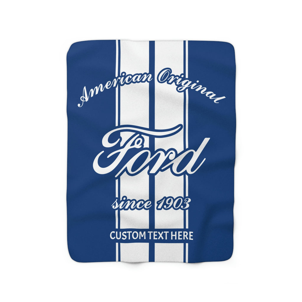Ford Script Logo, Blue with White Racing Stripes, Decorative Personalized Sherpa Fleece Blanket