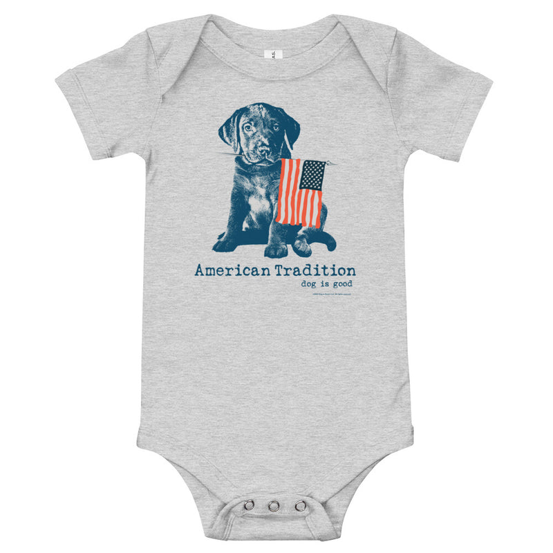 Dog is Good American Tradition Baby One Piece Bodysuit – Puppy & American Flag Design, Made in the USA