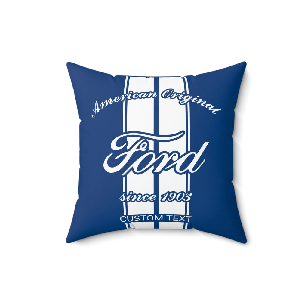 Ford Script Logo, American Origianal, Decorative Square 16 inch Personalized Pillow, Blue with White Racing Stripes