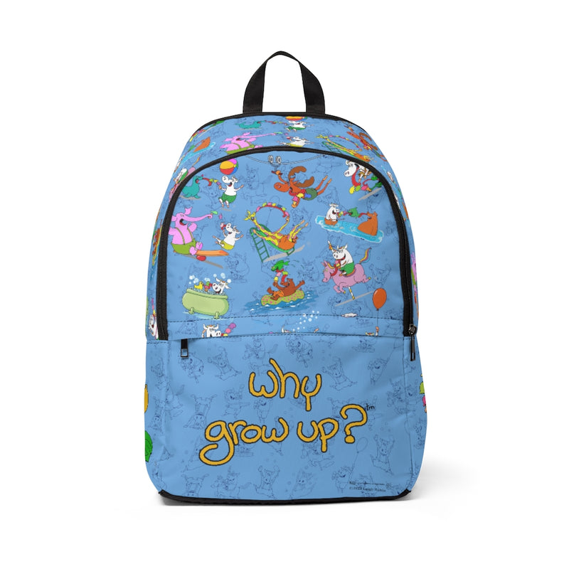 Rubes Cartoons Why Grow Up Backpack light blue