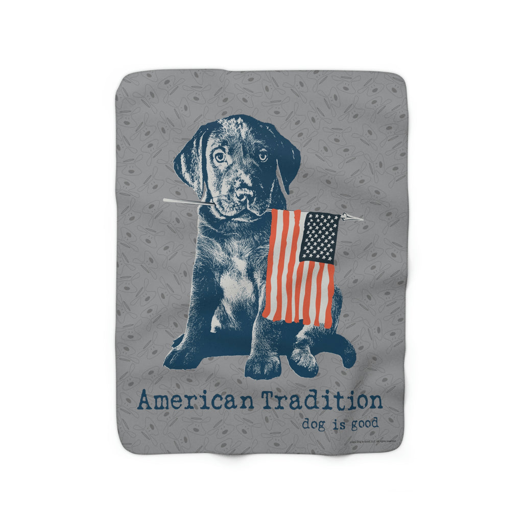 Dog is Good American Tradition Puppy with American Flag Grey Fleece Blanket,  Officially Licensed and Produced in the USA