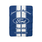 1965 Ford Emblem Logo, Decorative Personalized Sherpa Fleece Blanket Blue with White Racing Stripes