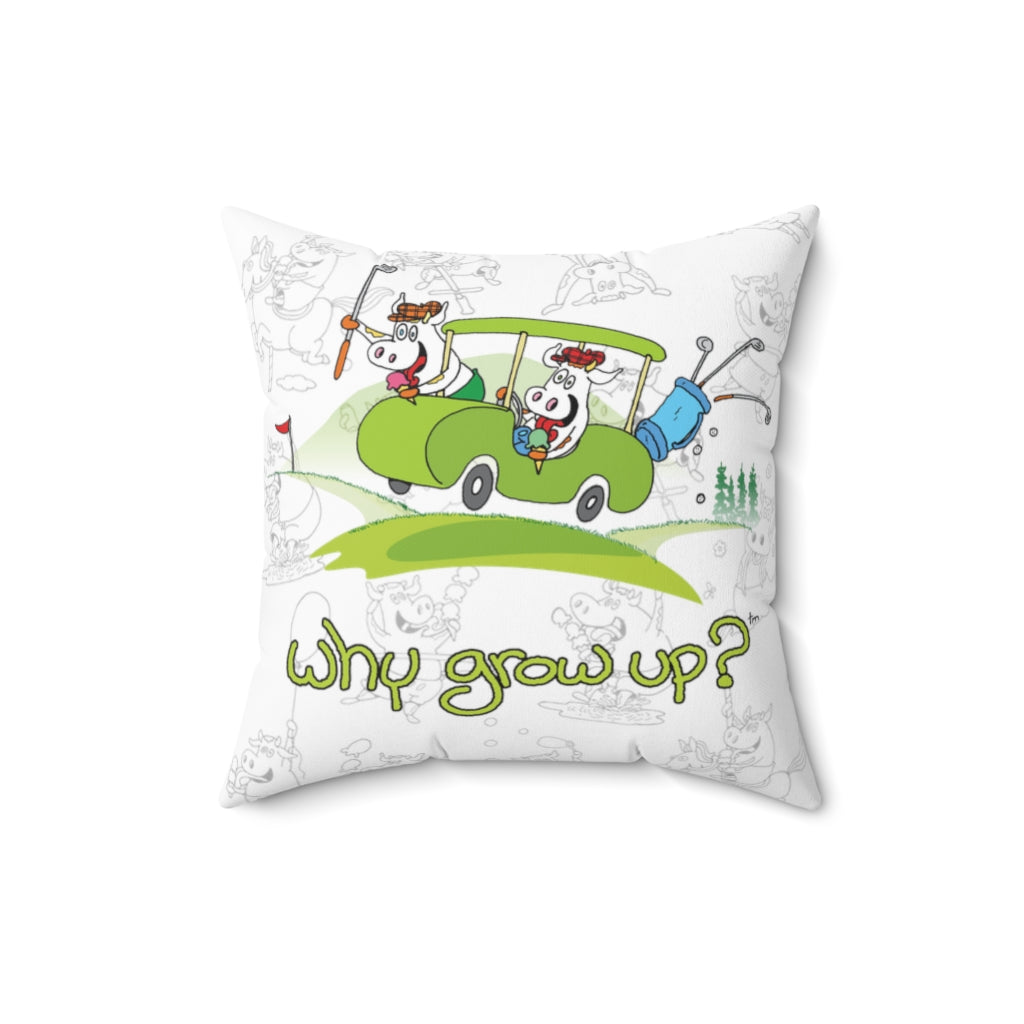 Rubes Cartoons Why Grow Up Golf Cart repeat pattern Spun Polyester Square Pillow, Officially Licensed and Produced in he USA
