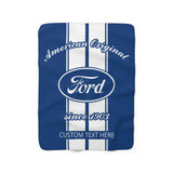 1912 Ford Emblem Oval Logo, Decorative Personalized Sherpa Fleece Blanket, Blue with White Racing Stripes