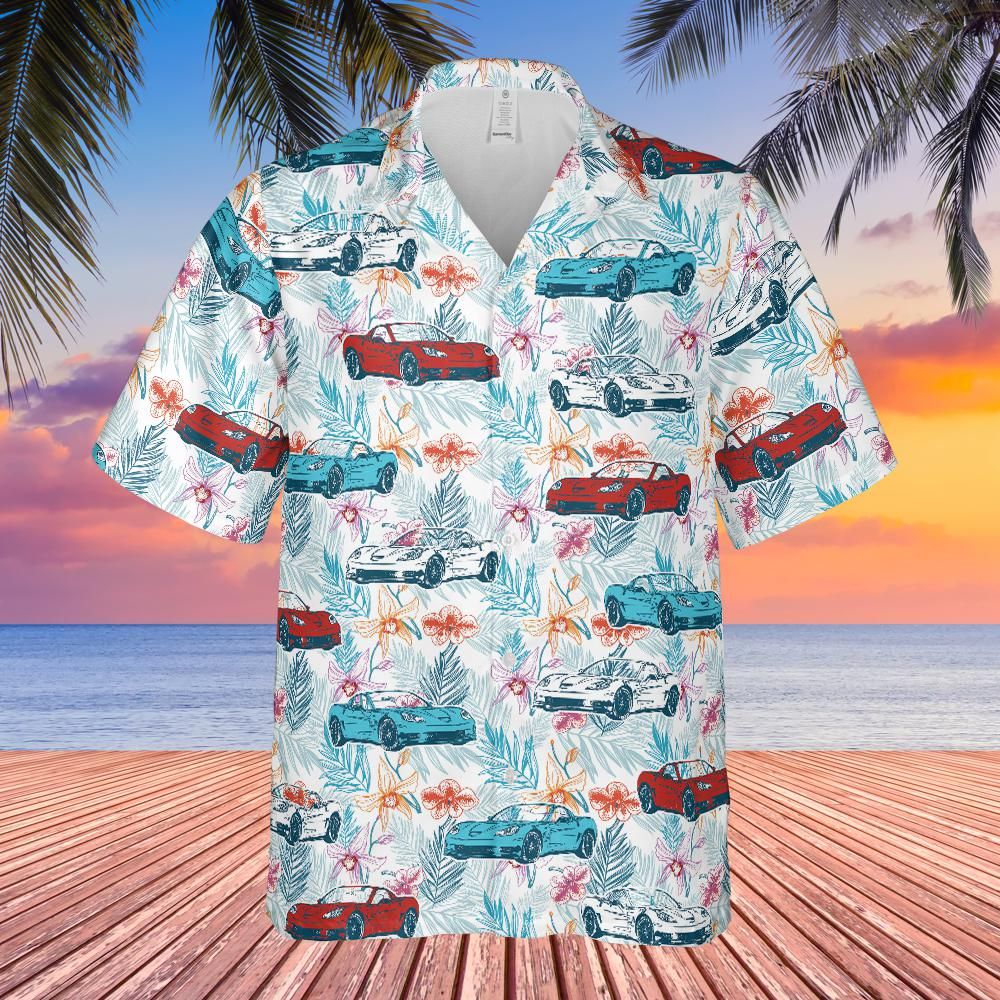 C6 Corvette Men's Multicolor Short Sleeve Front Button Hawaiian Style Shirt